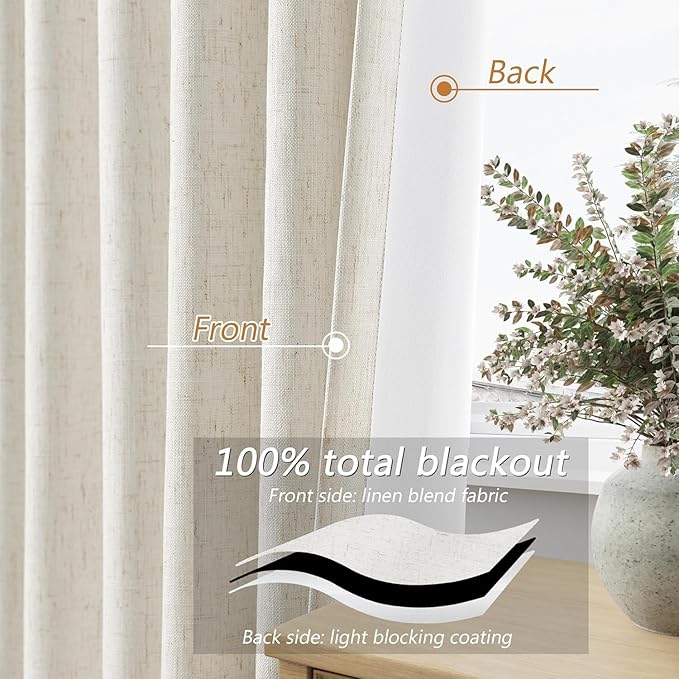 Guken Cream 100% Blackout Curtains 60 Inch Length 2 Panels Set for Living Room Bedroom Back Tab Thermal Insulated Black Out Linen Drapes Room Darkening Window Curtains