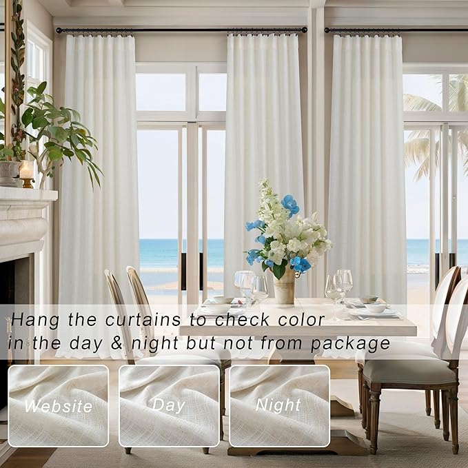 Natural Linen Curtains 108 Inches Long for Living Room 2 Panels Set Loop Pocket Back Tab Draperies Neutral Earth Tone Soft Cotton Textured Semi Sheer Linen Curtains for Large Window Vertical 9 FT Tall