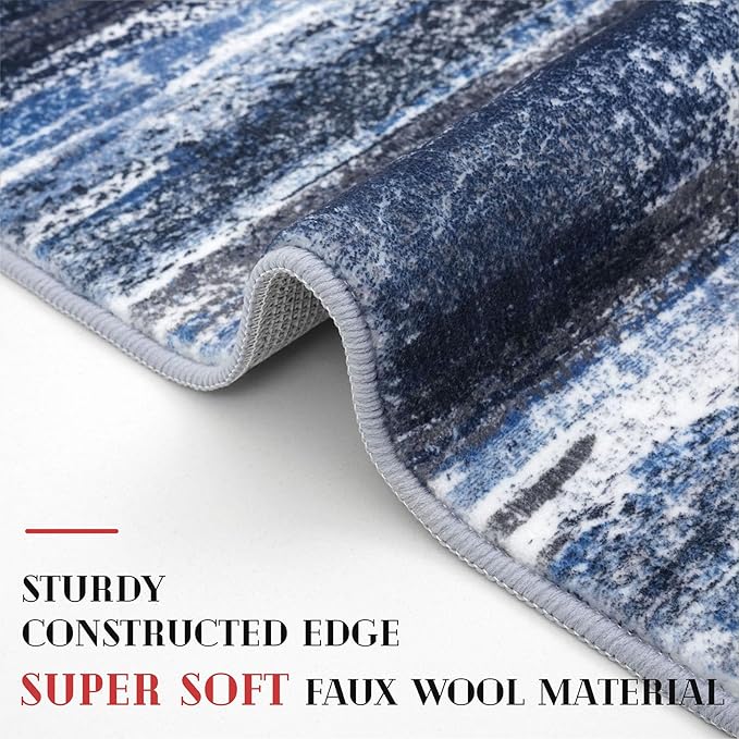 Lansny Modern Abstract Runner Rug 2x6, Navy Blue Washable Kitchen Runner Non-Slip Soft Hallway Rug Runner Thin Print Faux Wool Carpet for Entryway Bedroom Laundry Room Indoor Home Decor
