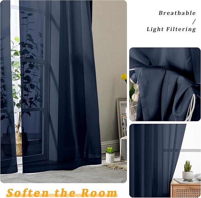 Gwine Navy Blue Sheer Kitchen Curtains 36 Inch Length, Light Filtering Voile Soft Airy Small Cafe Curtains, Short Window Curtain for Bathroom Basement, 42x36 inch, 2PCS