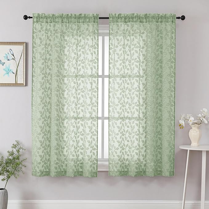 Chyhomenyc Sage Green Sheer Curtains 63 Inch Length 2 Panels Set, Light Filtering Tufted Textured Soft Airy Rod Pocket Beautiful Leaf Window Treatment Drapes for Bedroom Living Room, 42" Wx63 L, 2PCS