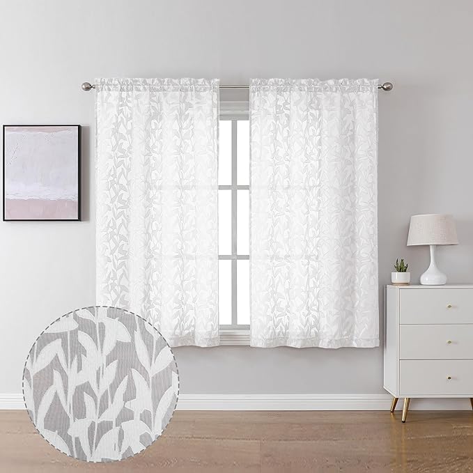 Lecloud Leia Short White Sheer Curtains 45 Inch Length 2 Panels, Balance Light & Privacy Clip Texture Small Window Curtain for Bedroom, Dual Rod Pockets Basement/Living Room/Kitchen Drapes, 38W x 45L