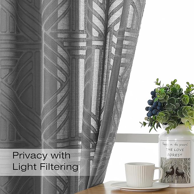 Simplebrand Grey Semi Sheer Curtains 63 Inch Length 2 Panels, Light Filtering Geometric Jacquard Clip Textured Short Sheer Curtains for Bedroom，Modern Elegant Window Curtains Drapes，42x63 inch
