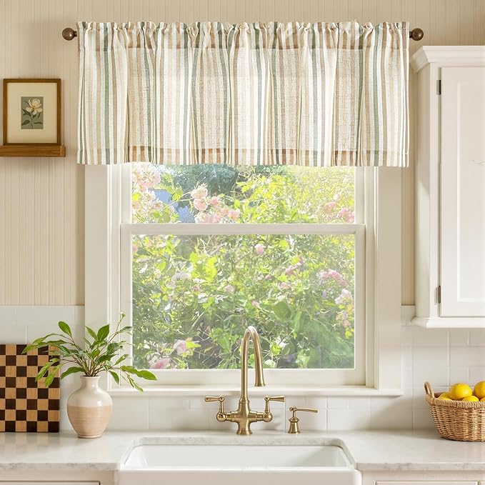 jinchan Valance Curtain Linen Textured Striped Window Curtain for Living Room Light Filtering Farmhouse Valance for Kitchen Rod Pocket 1 Panel 16 Inch Multi Green on Linen