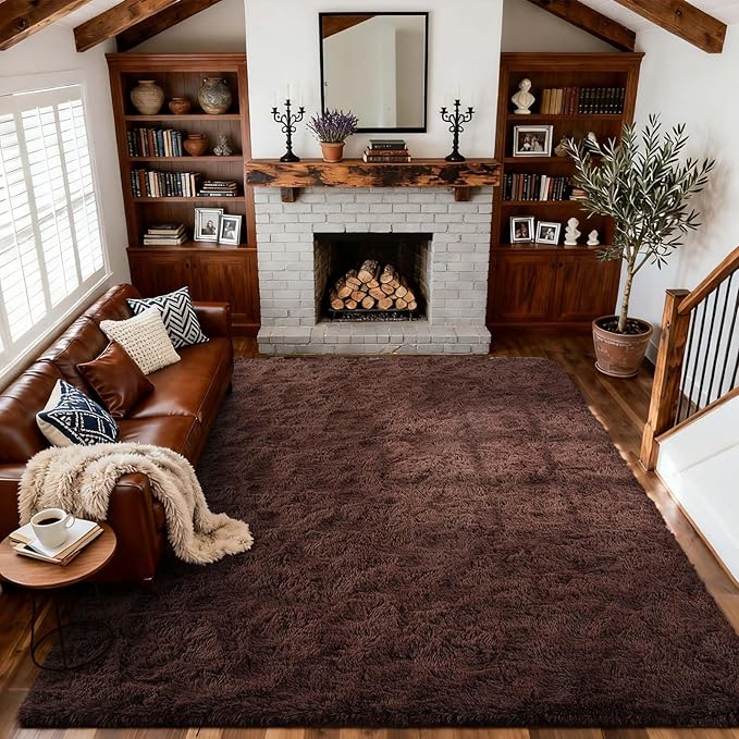 8x10 Ft Extra Large Shag Rugs for Living Room, Ultra Soft Fluffy Furry Area Rugs for Bedroom Indoor Floor, Aesthetic Carpet for Kids Home Decor (Brown)