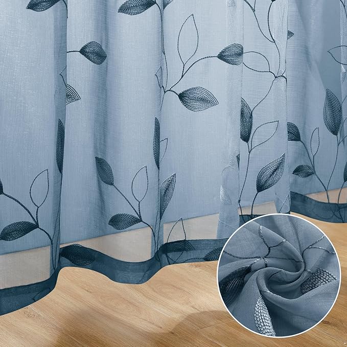 HOMEIDEAS Stone Blue Floral Sheer Curtains 63 Inches Long 2 Panels Embroidered Pattern Semi Sheer Window Curtains for Bedroom Living Room