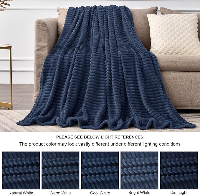 BEDELITE Fleece Blanket Queen Size – 3D Ribbed Jacquard Soft and Warm Decorative Fuzzy Blankets – Cozy, Fluffy, Plush Lightweight Throw Blankets for Couch, Bed, Sofa(Navy Blue, 90x90 inches)