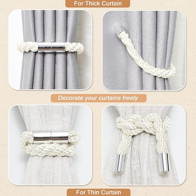 NICEEC 6 Pack Strong Magnetic Curtain Tiebacks Modern Simple Style Drape Tie Backs Convenient Decorative Weave Rope Curtain Holdbacks for Thin or Thick Home & Office Window Draperies (Cream)