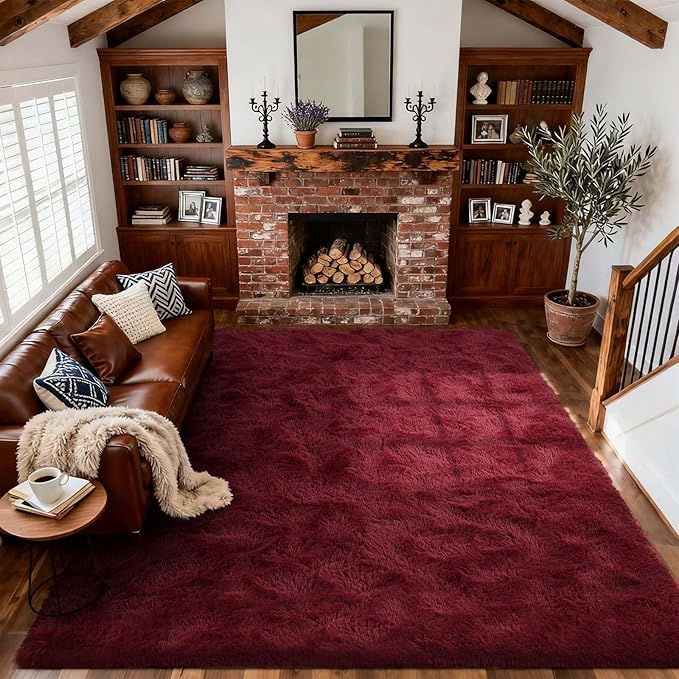Area Rugs for Living Room, 6x9 Feet Soft Fluffy Shagg Plush Rug High Pile Large Indoor Modern Non-Slip Floor Carpet for Bedroom Nursery Girls Kids Home Room Dorm Decor Aesthetic Burgundy
