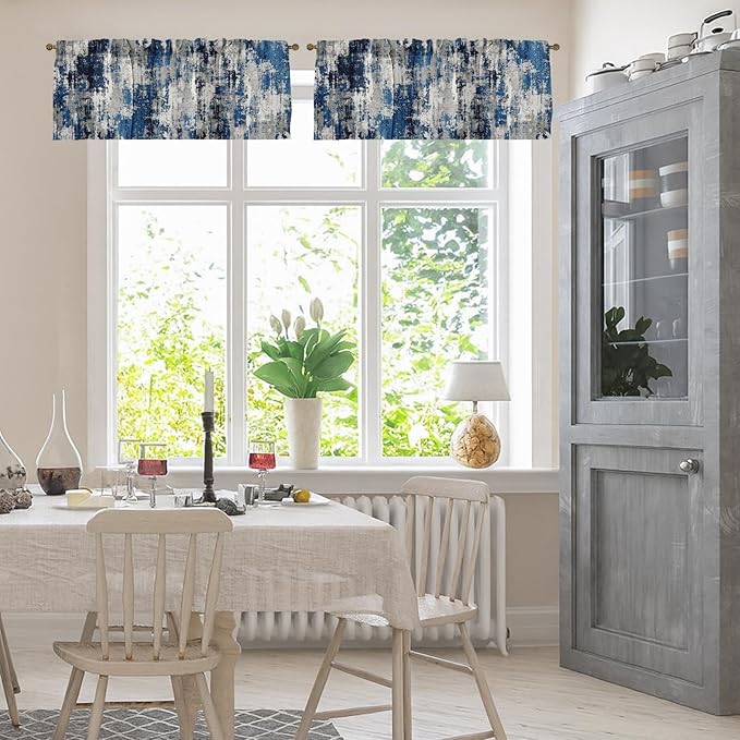 Emvency 4 Pack Valances Window Treatments, Abstract Modern Blue Grey Rustic Navy Drapes Adjustable Curtain for Windows Living Room Kitchen Over Sink, 52x18 Inch Rod Pocket Valances
