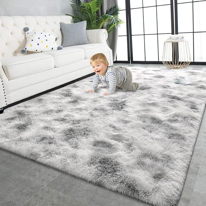 TWINNIS Super Soft Shaggy Rugs Fluffy Carpets 3x5 Feet, Indoor Modern Plush Area Rugs for Living Room Bedroom Kids Room Nursery Home Decor, Upgrade Anti-Skid Fuzzy Rug, Grey and White