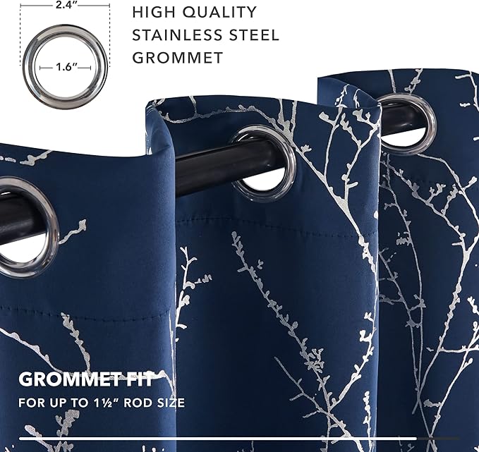 Deconovo Blackout Curtains, Navy Blue Curtain, Thermal Insulated Soundproof Drapes, Branch Silver Print, 52 x 63 Inch Long, Machine Washable Grommet Panels for Bedroom Living Room Office, Set of 2