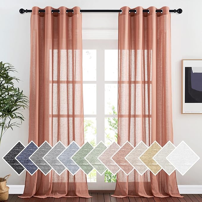 NICETOWN Linen Textured Semi Sheer Curtains for Large Windows, Ring Top Privacy with Light Filtering Flax Sheer Drapes for Bedroom/Living Room, Terracotta=Burnt Orange, W52 x L108, Set of 2