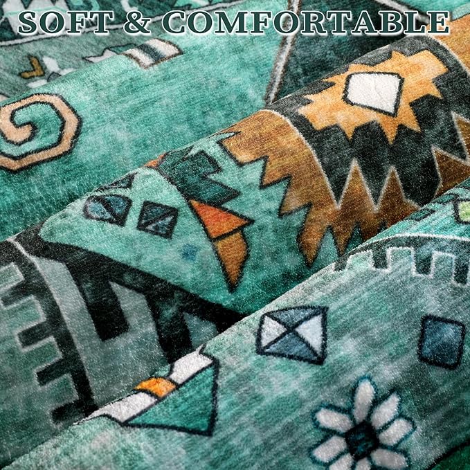 SERISSA Boho Rugs for Entryway, 2x3 Teal Entryway Rug Non-Slip Washable Small Area Rug, Ultra Soft Oriental Vintage Low-Pile Indoor Door Mat Floor Carpet for Entrance Bedroom Kitchen Bathroom