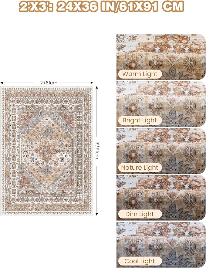 Entryway Rug - 2x3 Washable Rug Runner for Bathroom, Laundry Room, Kitchen, Soft Vintage Hallway Runner for Bedroom, Non-Slip Door Mat Indoor Entrance(Orange,2'x3')