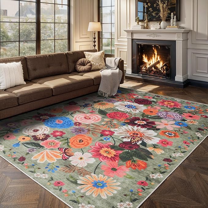 Washable Area Rug 8x10 Green, Large Soft Rugs for Living Room Floral Green Carpet 8x10 Area Rugs for Bedroom Dining Room Non-Slip Stain Resistant Under Table Rug (8 x 10, Green Garden)