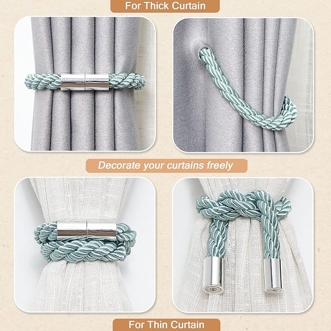 NICEEC 4 Pack Strong Magnetic Curtain Tiebacks Modern Simple Style Drape Tie Backs Convenient Decorative Weave Rope Curtain Holdbacks for Thin or Thick Home & Office Window Draperies (Blue-Grey)