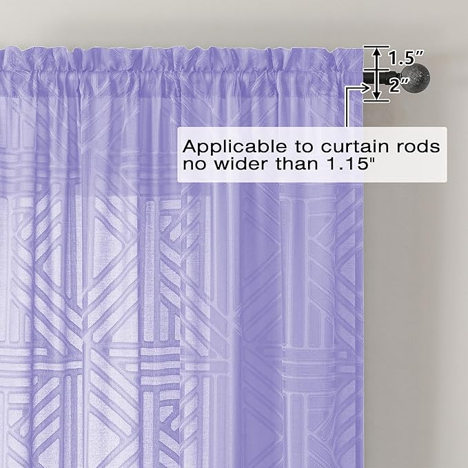 Simplebrand Lavender Sheer Kitchen Curtains 36 Inch Length Tier Curtains 2 Panels, Light Filtering Geometric Jacquard Clip Textured Semi Sheer Short Window Curtains for Bathroom, 42x36 inch