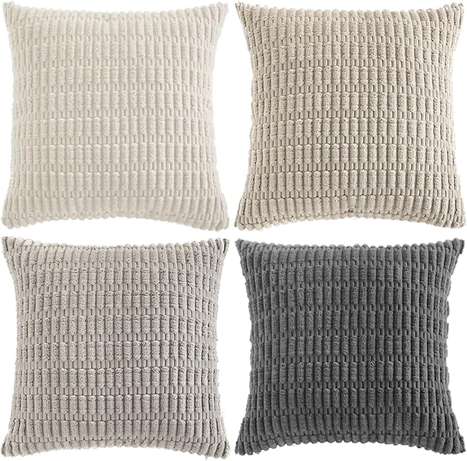 Fancy Homi Set of 4 Grey and White Boho Decorative Throw Pillow Covers 26x26 Inch for Couch Bed Sofa, Aesthetic Modern Bohemian Room Decor, Fuzzy Fluffy Cozy Corduroy Textured Cushion Case 66x66cm