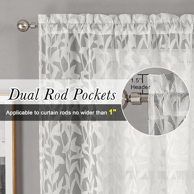 Lecloud Leia Ivory Sheer Curtains 45 Inch Length 2 Panels, Elegant Balance Light & Privacy Jacquard Textured Leaf Voile Curtains, Dual Rod Pockets Drapes for Bedroom Living Room, Each 28" W x 45" L
