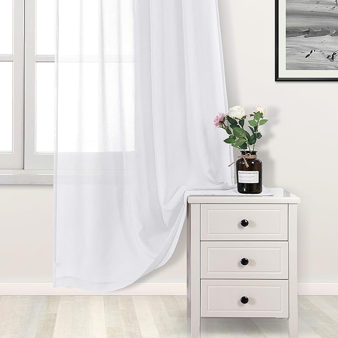 DWCN White Sheer Curtains Semi Transparent Voile Rod Pocket Curtains for Bedroom and Living Room, 52 x 45 inches Long, Set of 2 Panels