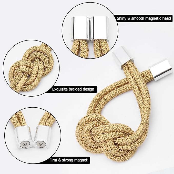 NICEEC 2 Pack Mini Magnetic Curtain Tiebacks Nordic Simple Style Drape Tie Backs Elegant Hand Weave Rope Knot Decorative Curtain Holdbacks for Home & Office Thin Window Drapery (Gold)