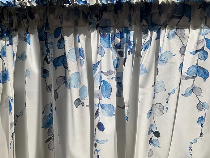 Watercolor Blue Leaves Window Valance for Bedroom Living Room, Grey Leaf Vine Plant Curtains Valanes for Windows, 3" Rod Pocket Window Treatment for Season Home Decorations, 54 x 18 Inch, 1 Panel
