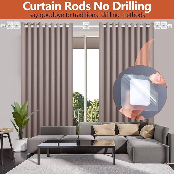 Curtain Rods No Drilling for Windows 48 to 84-96 Inch,5/8 Inch Diameter Drapey Pole with No Drill Curtain Rod Brackets,Renter Friendly Cortineros Para Ventanas with Adhesive Curtain Rod Holder White