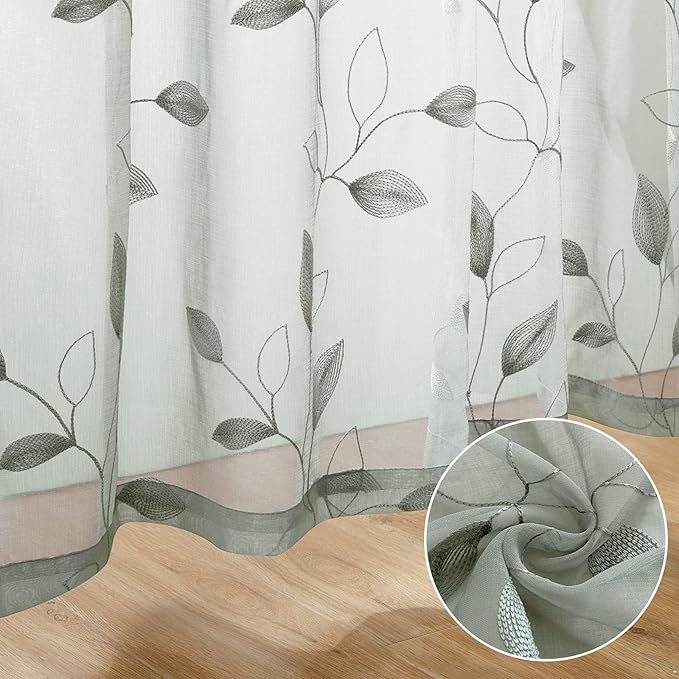 HOMEIDEAS Sage Green Sheer Curtains 52 X 96 Inches Long 2 Panels Embroidered Leaf Pattern Pocket Faux Linen Floral Semi Sheer Voile Window Curtains/Drapes for Bedroom Living Room