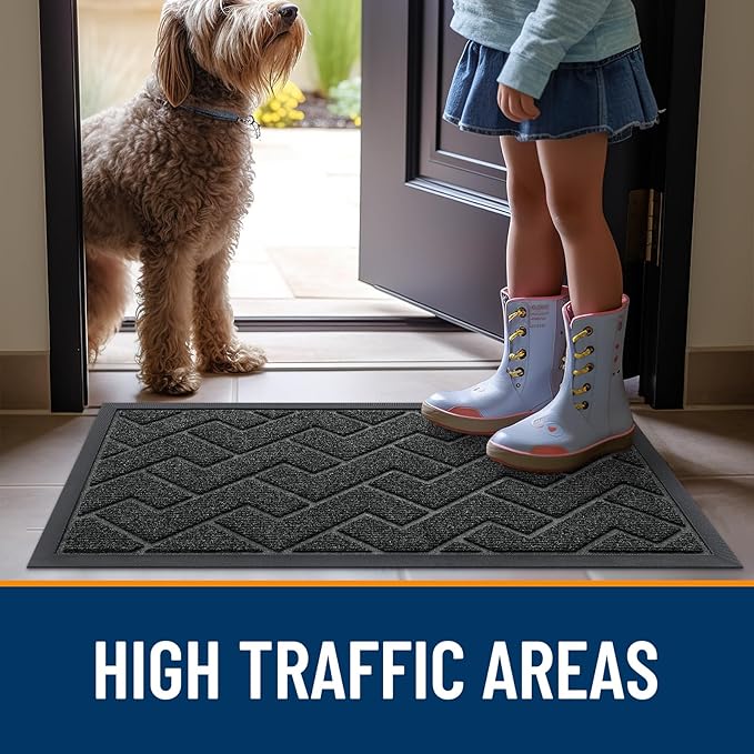 OLANLY Front Door Mat Indoor Outdoor Entrance, Waterproof All-Season, All-Weather Doormat, Sturdy Natural Rubber, Low Profile, Easy Clean Patio Porch Entryway Mat, Herringbone Brick (Black, 47x17)