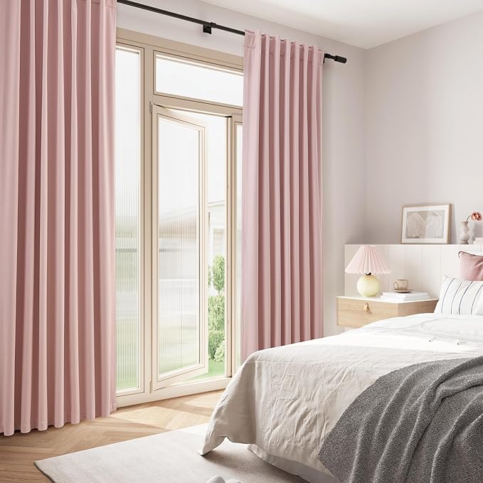 Guken 100% Blackout Linen Curtains 63 Inch 2 Panels Set for Girl's Bedroom, Living Room, Nursery, Back Tab Thermal Insulated Black Out Drapes Room Darkening, Pink