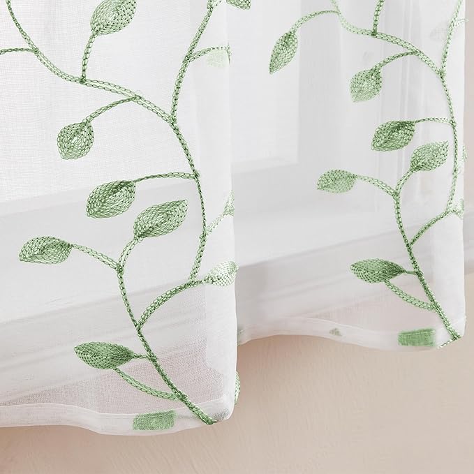 MRTREES Sheer Voile Curtain Valances, Leaves Embroidered Valance Curtains Rod Pocket, Small Sheer Window Curtains Treatment for Bedroom/Living Room/Bathroom(1 Panel, 54x16 Inch, Greyish Green Leaves)