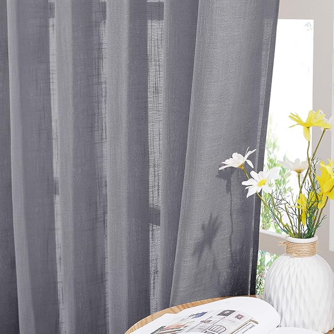 NICETOWN Linen Sheer Curtains for Living Room, Rod Pocket & Back Tab Semi Sheer Linen Curtain Drapes Privacy with Light Filter for French Door/Bedroom (2 Panels, W52 x L95, Dark Grey)