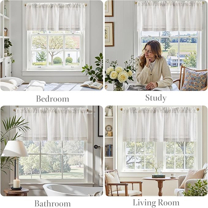 jinchan Striped Linen Valance Curtain 16 Inch Vertical Striped Valance for Kitchen Bathroom Light Filtering Rod Pocket Cottagecore Farmhouse Semi Sheer Short Window Curtain 1 Panel Grey
