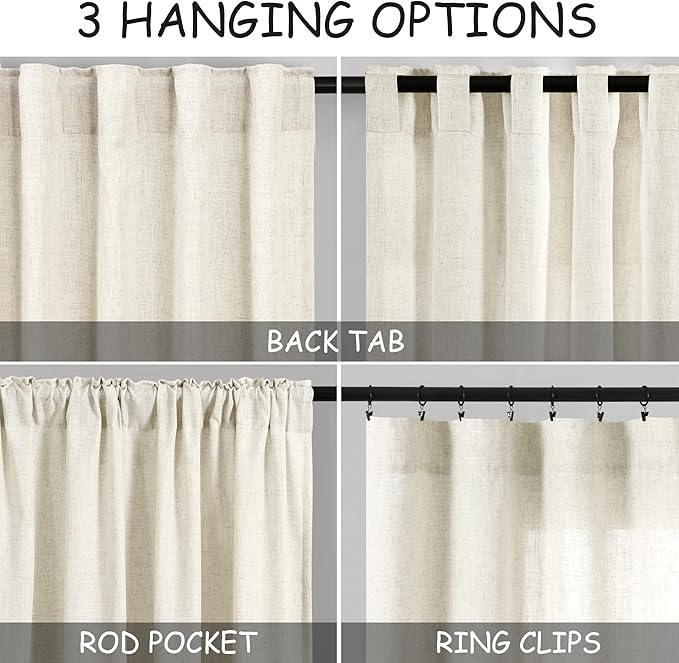 Nanspring Warm Beige Linen Curtains 84 Inch Length 2 Panels Set for Living Room Rod Pocket Back Tab Light Filtering Window Drapes for Bedroom Dining Room Protect Privacy Modern Farmhouse Decor 52x84