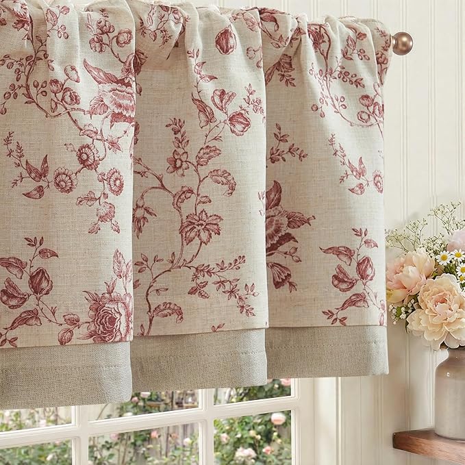 jinchan Amlie Floral Linen Valance Curtain Farmhouse Kitchen Valance for Living Room Laundry Light Filtering Double Layer Cottagecore Window Treatment Rod Pocket 1 Panel 16 Inch Maroon on Linen