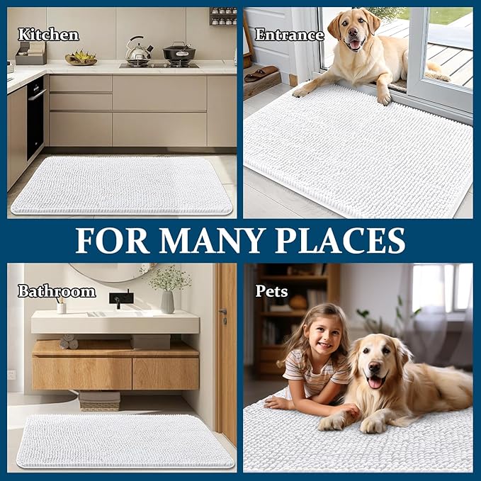 OLANLY Dog Door Mat for Muddy Paws 45x27, Absorbs Moisture and Dirt, Absorbent Non-Slip Washable Doormat, Quick Dry Chenille Mud Mat for Dogs, Entry Indoor Entryway Carpet for Inside Floor, White