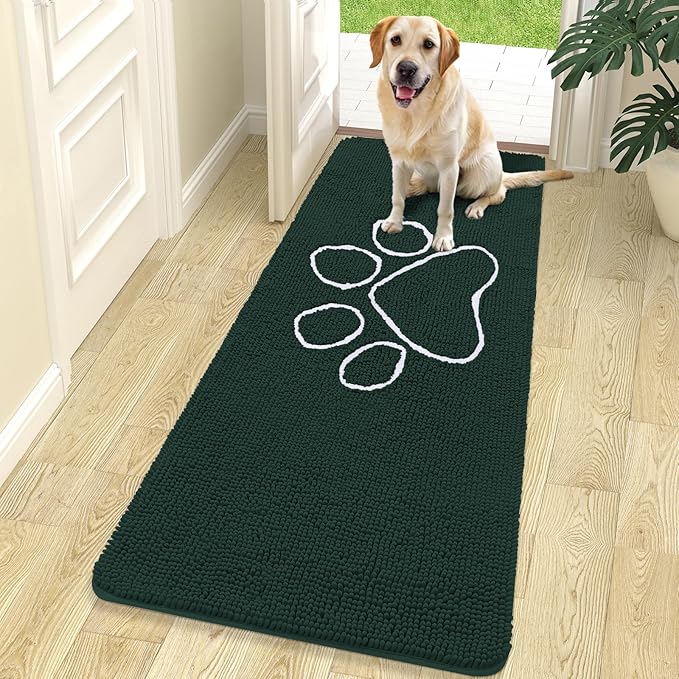 OLANLY Dog Door Mat for Muddy Paws 70x24, Paw Print Design, Absorbs Moisture and Dirt, Absorbent Non-Slip Washable Doormat, Quick Dry Chenille Mud Mat, Entry Indoor Entryway Carpet, Blackish Green