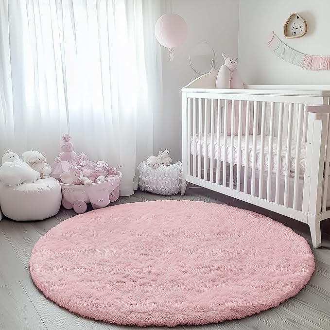 ONASAR Light Pink Round Area Rugs 6ft for Bedroom Living Room, Fluffy Circle Rug for Kids Girls Boys Teen, Soft Plush Shaggy Carpet for Nursery Dorm Classroom Playroom Home Decor Aesthetic