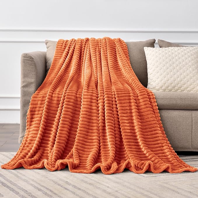BEDELITE Fleece Blanket Twin Size – 3D Ribbed Jacquard Soft and Warm Decorative Fuzzy Blankets – Cozy, Fluffy, Plush Lightweight Throw Blankets for Couch, Bed, Sofa(Orange, 60x80 inches)