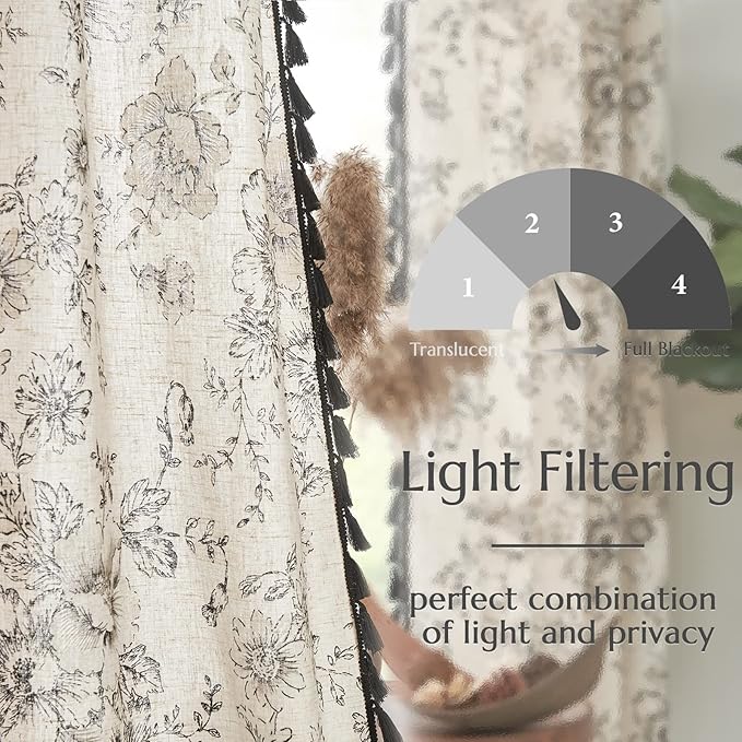 jinchan Linen Blend Curtain Floral Curtains for Living Room 63 Inch Length Printed Curtains with Tassels Rod Pocket Farmhouse Rustic Peony Flower Patterned Drapes Bedroom Window Curtains Set 2 Panels
