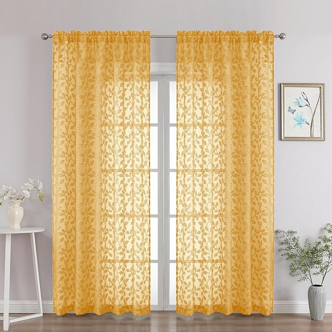 Chyhomenyc Gold Sheer Curtains 84 Inch Length 2 Panels Set, Light Filtering Tufted Textured Soft Airy Rod Pocket Gentle Leaf Window Treatment Drapes for Bedroom Living Room, 52" Wx84 L, 2PCS