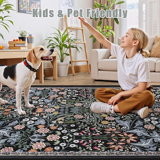 Area Rug Living Room Rugs: Floral 5x7 Washable Rug Vintage Soft Boho Non-Slip Carpet Indoor Stain Resistant Large Carpets for Bedroom Dining Room Farmhouse Nursery Hallway Home Office Dark Black