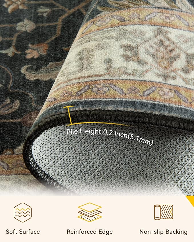 Area Rugs 2'x10' Runner Rug Non Slip Washable for Kitchen Hallway Bedroom Beside Laundry Room Bathroom Rug, Floor Carpet, Vintage Black Brown Neutral