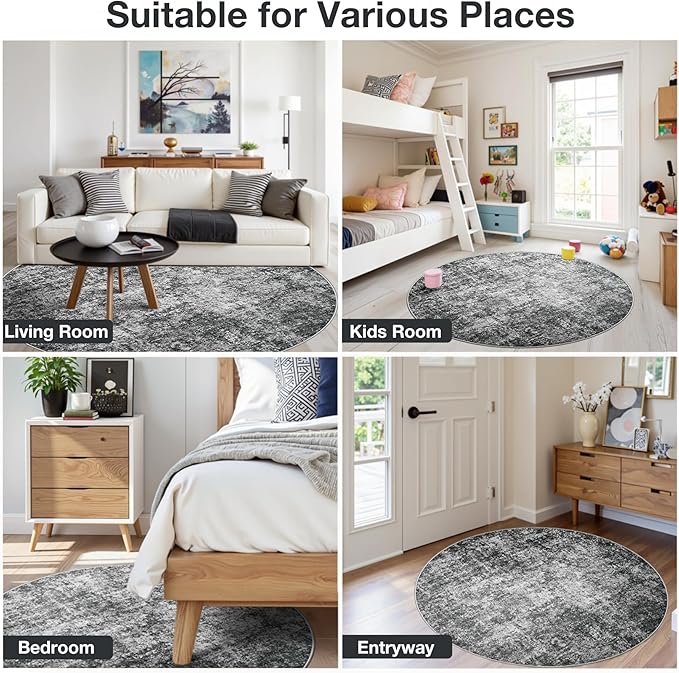 Round Rug 8ft Circle Rug Washable: Carpet Circular Area Rug for Entryway Kitchen Bedroom Dining Room Living Room Large 8 Feet Abstract College Dorm Non Slip Low Pile Black Grey