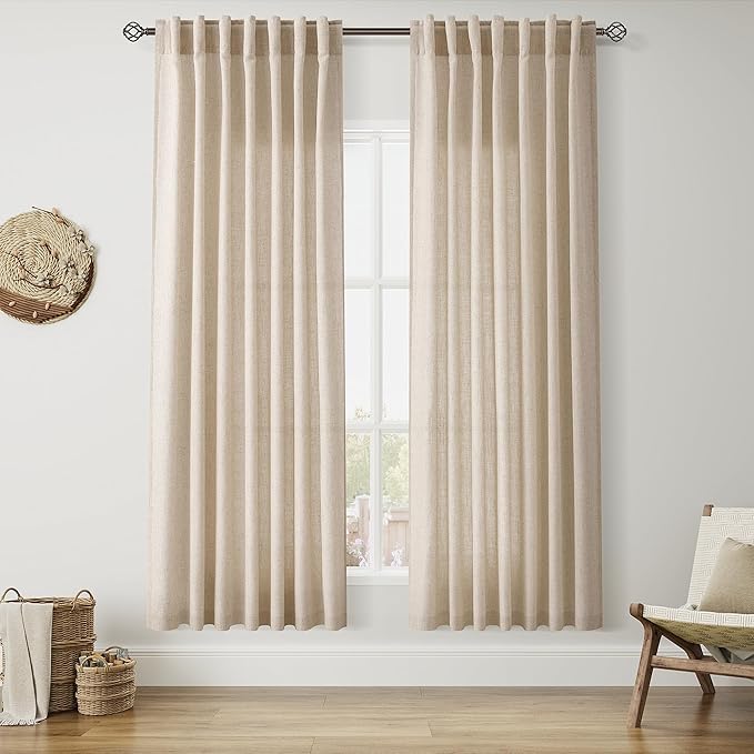 Nanspring Grey Flax Linen Curtains 72 Inches Long for Living Room Light Filtering Mordern Boho Semi Sheer Curtains Back Tab and Rod Pocket Privacy Neutral Curtain for Bedroom Office 52x72, 2 Panels