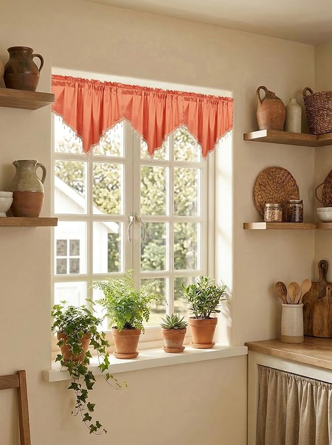 Molaxhome Swag Curtain 51 inch Length Rod Pocket Scalloped Curtain Valance Sheer Lace Panels with Hanging Crystal Beads for Kitchen Bedroom Window Treatments Drape Decor 1pc (Cloth Orange, 51Wx23L)