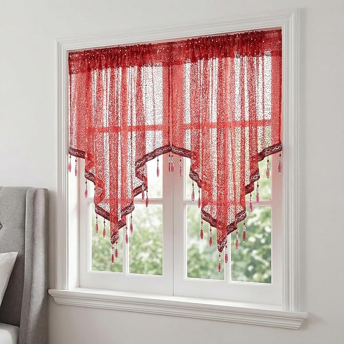 Molaxhome Swag Curtain 51 inch Length Rod Pocket Scalloped Curtain Valance Sheer Lace Panels with Hanging Crystal Beads for Kitchen Bedroom Window Treatments Drape Decor 1pc (Sequin Red, 51Wx23L)