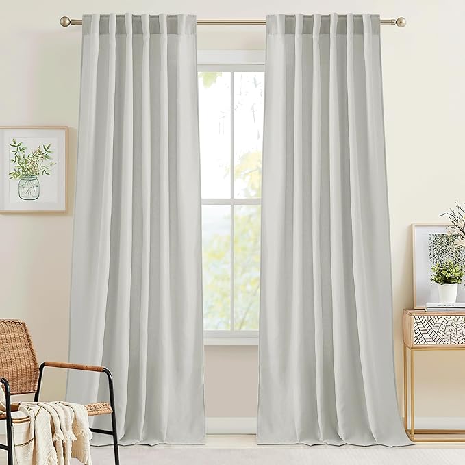 RYB HOME Grey Linen Sheer Curtains & Drapes, Back Tab 95 inches Easy Sliding Farmhouse Boho Rustic Decoration for Dining Room Nursery, W 52 x L95 inches, 2 Panels Set