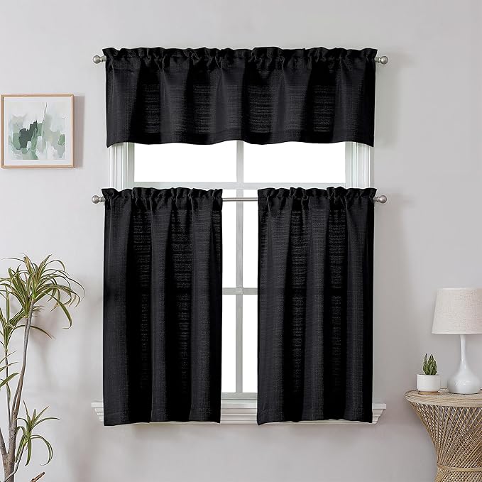 Chyhomenyc Black Valance for Windows, Light Filtering Faux Linen Decorative Small Short Kitchen Window Valance Curtain for Living Room Bathroom Cafe Laundry Basement, 60Wx14L inch, 1 Piece